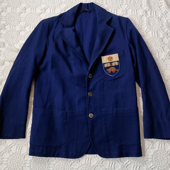 Vintage Jackets & Blazers - Vtg 50s Wool Blazer Jacket Blue Canadian Crown Beaver Patch Preppy Large Women